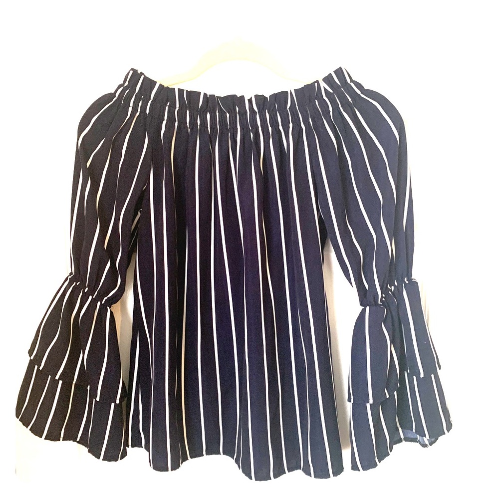 Navy Blue Stripe top off shoulders size M/L